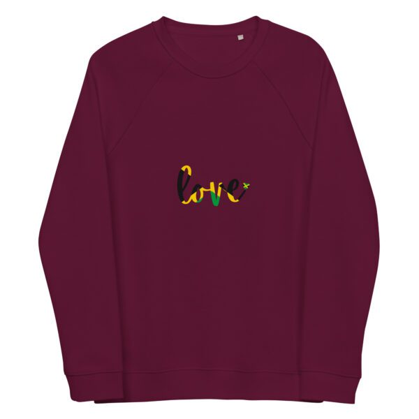 unisex organic raglan sweatshirt burgundy front 65ef18059984a